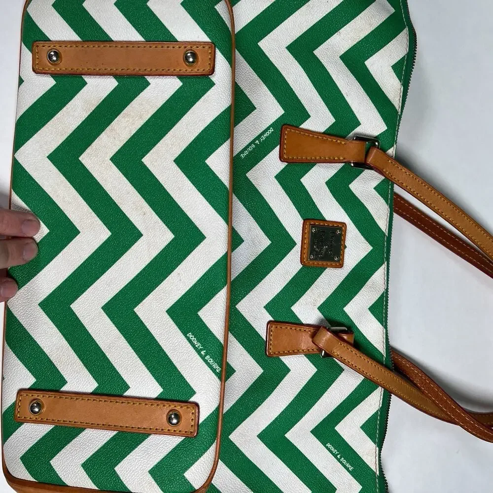 Dooney & Bourke Green White Chevron Tote Bag Purse Carry Strap See Photos